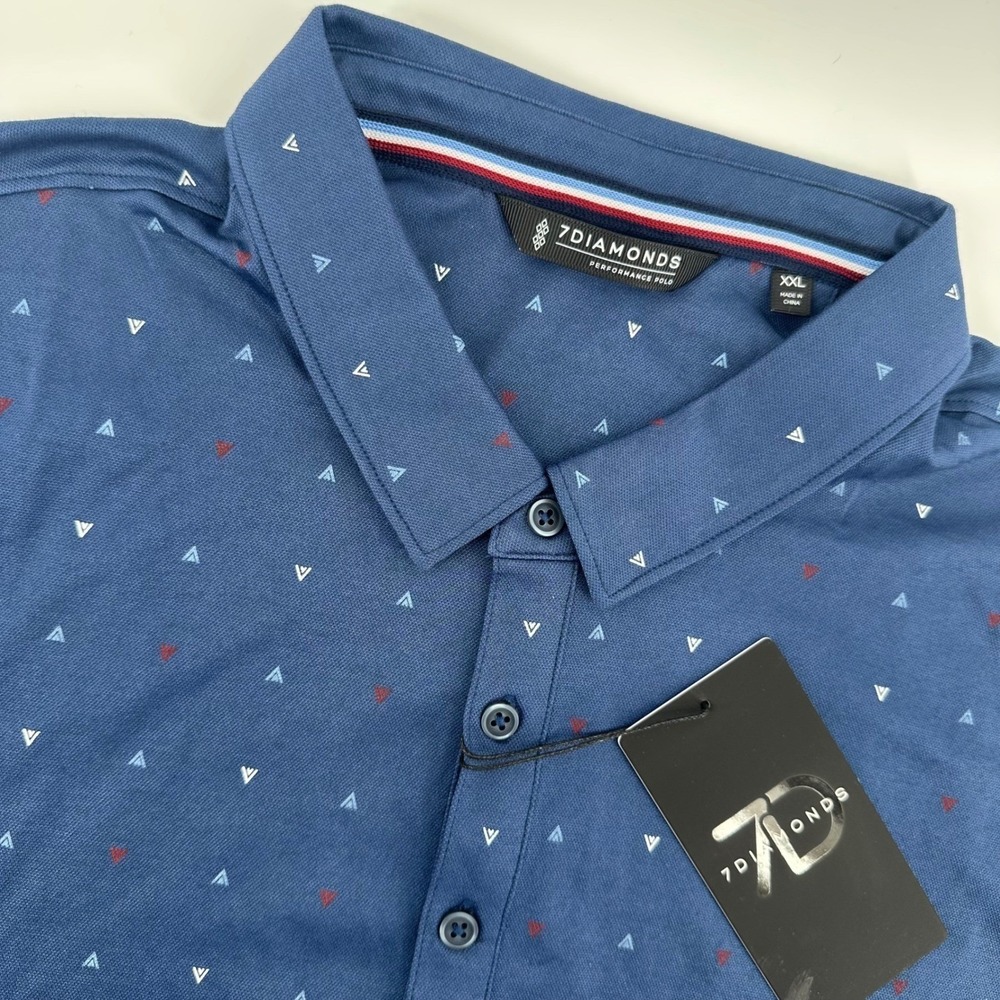 NEW 7 Diamonds Spence Performance Polo Shirt Men's XXL Navy Blue Triangle Print